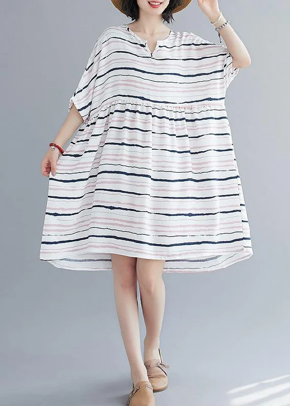 Elegant light pink striped dress o neck Plus Size summer Dresses