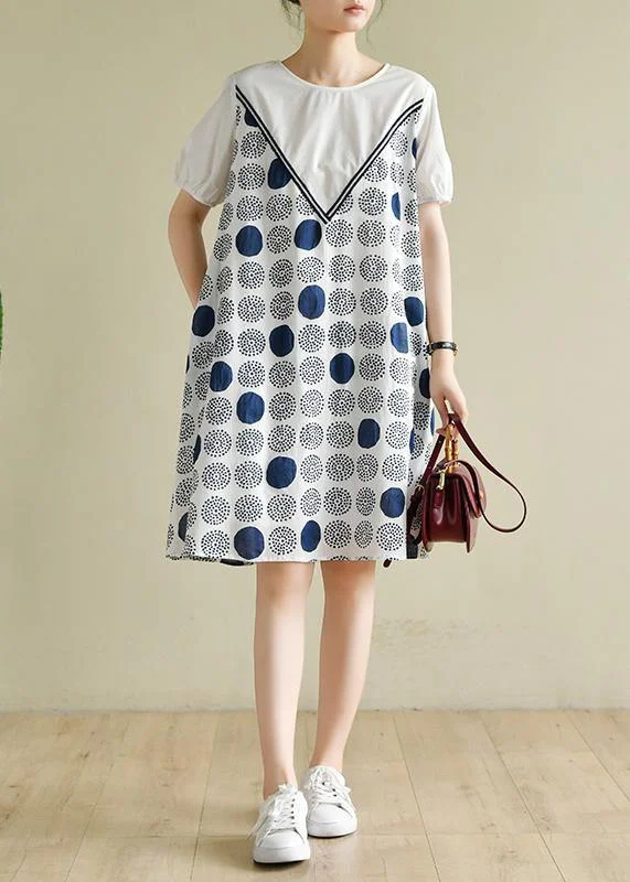 Handmade white dotted outfit o neck A Line summer Dress