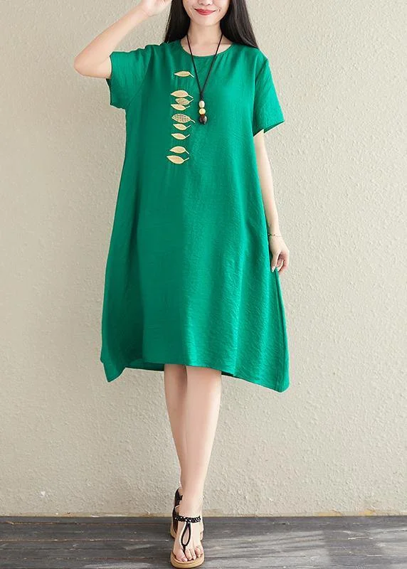 Bohemian green cotton linen clothes o neck embroidery tunic summer Dress