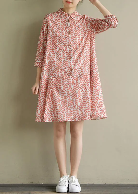 Natural half sleeve lapel Chiffon Long Shirts Work red print Dress summer