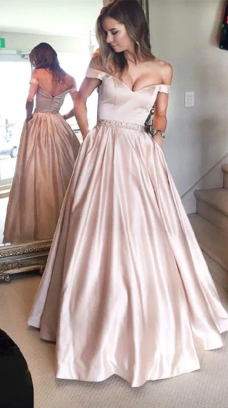 Off Shoulder Sleeve Blush Prom Dress with Pocket