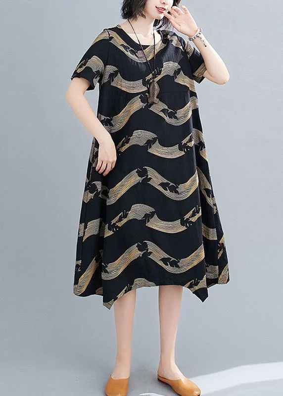 Classy o neck patchwork linen summer Robes Cotton black striped Dresses