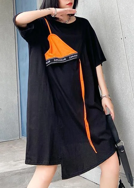 DIY o neck asymmetric Cotton summer outfit Sewing black Dresses