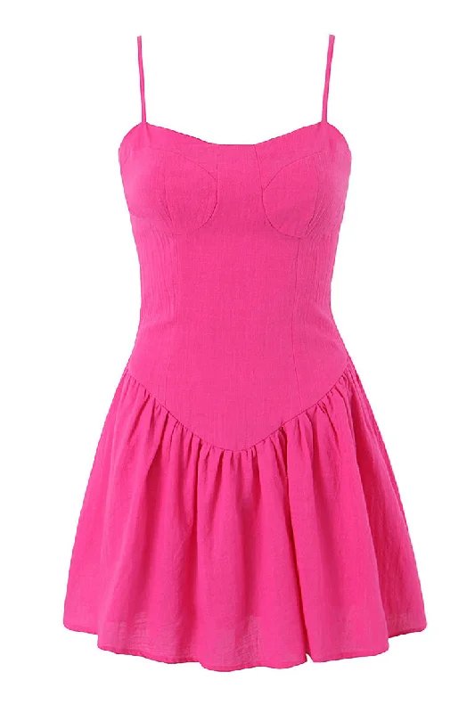 Spaghetti Straps Hot Pink Ruched Short Dress