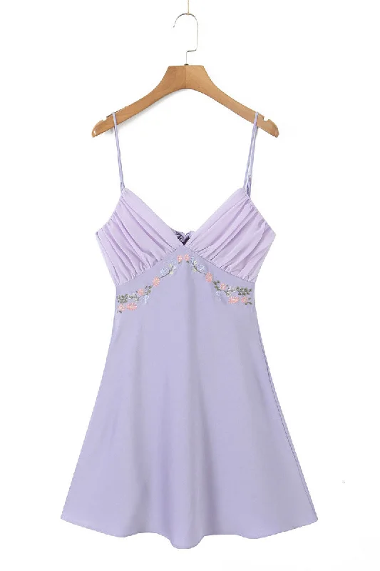 Lavender Embroidery Short Dress with Back Bow