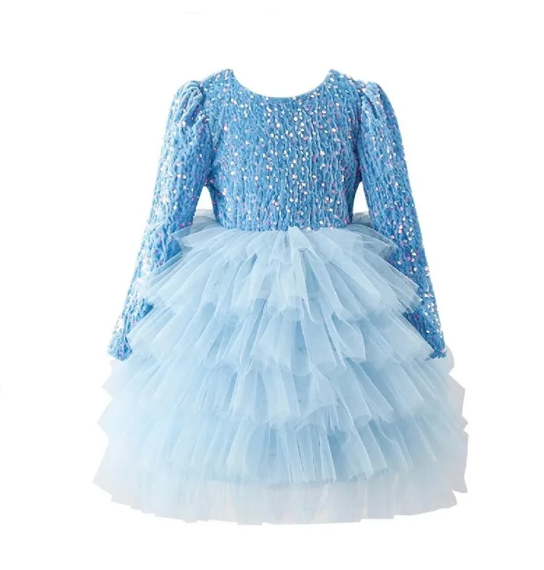 Blue Winter Wonderland Frill Tutu Long Sleeve Dress