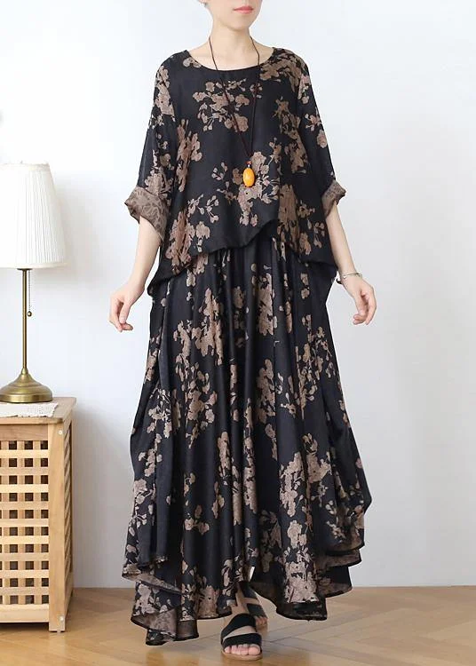 Loose silk satin wind dress black Chocolate color printing fashion  two-piece goddess big swing skirt