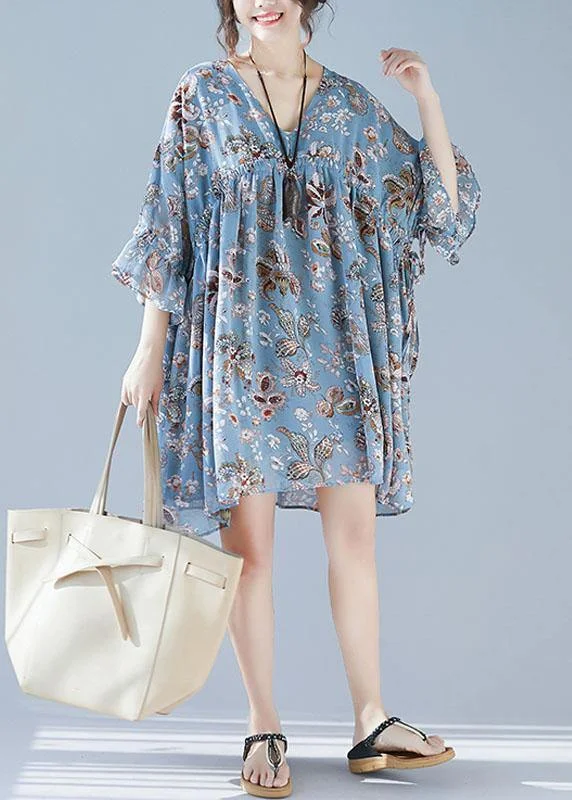 Plus Size Blue V Neck Loose Print Summer Chiffon Long Dresses Half Sleeve