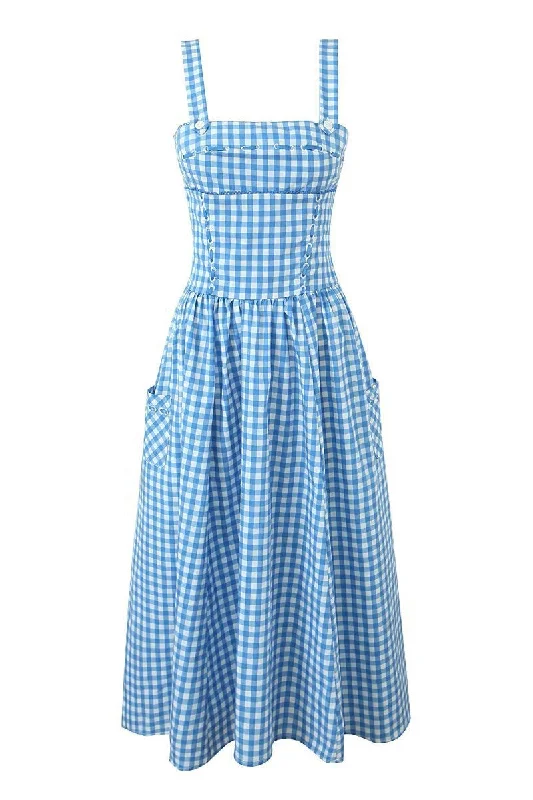 Blue and White Plaid Summer Dress with Pocket