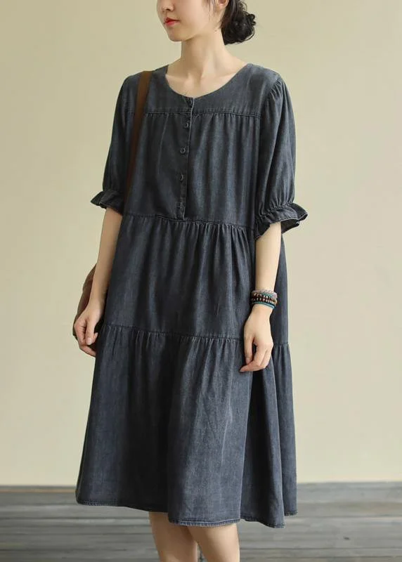 Elegant black Cotton clothes For Women o neck Cinched Dresses summer Dress