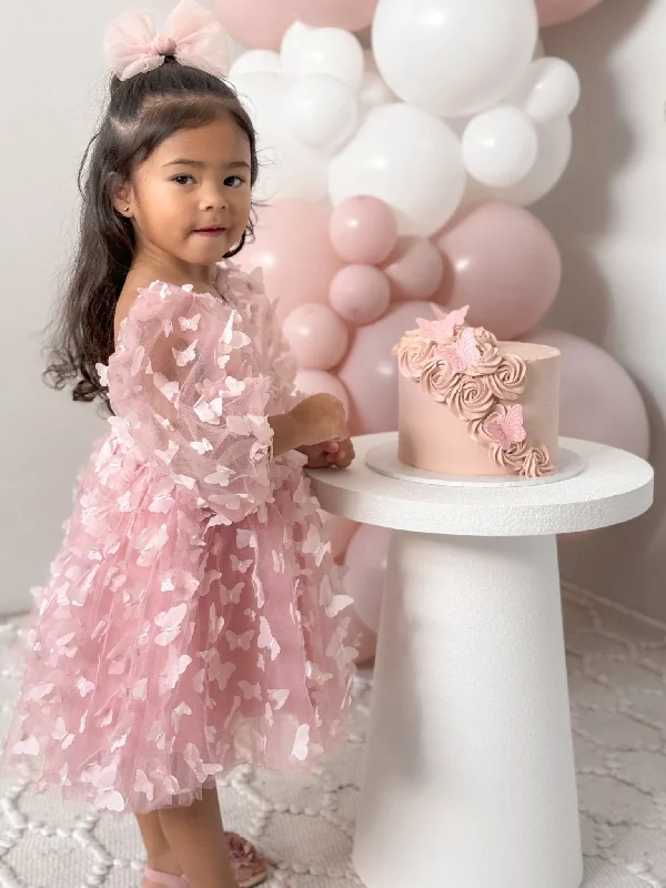 Madelyn Flower Girl Butterfly Luxe Little Girls Tulle Dress - Dusty Rose