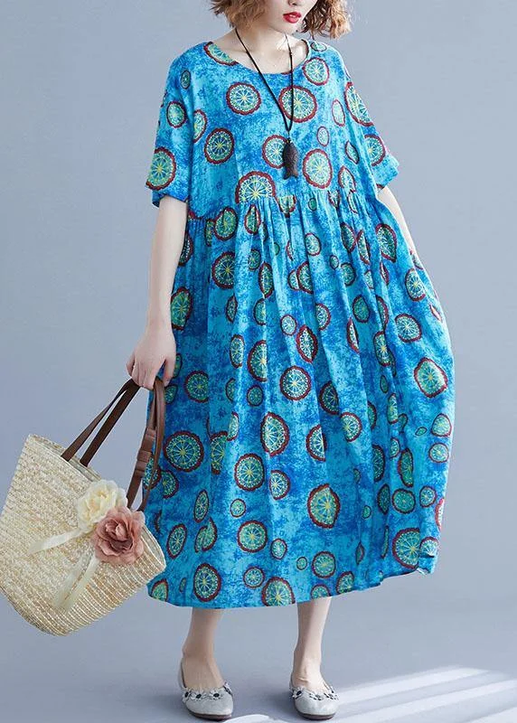 Classy blue print cotton dresses o neck pockets Kaftan summer Dresses