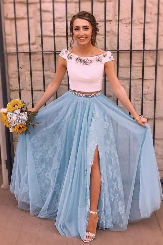 Fashion Two Piece Slit Off Shoulder Sleeve Prom Dress