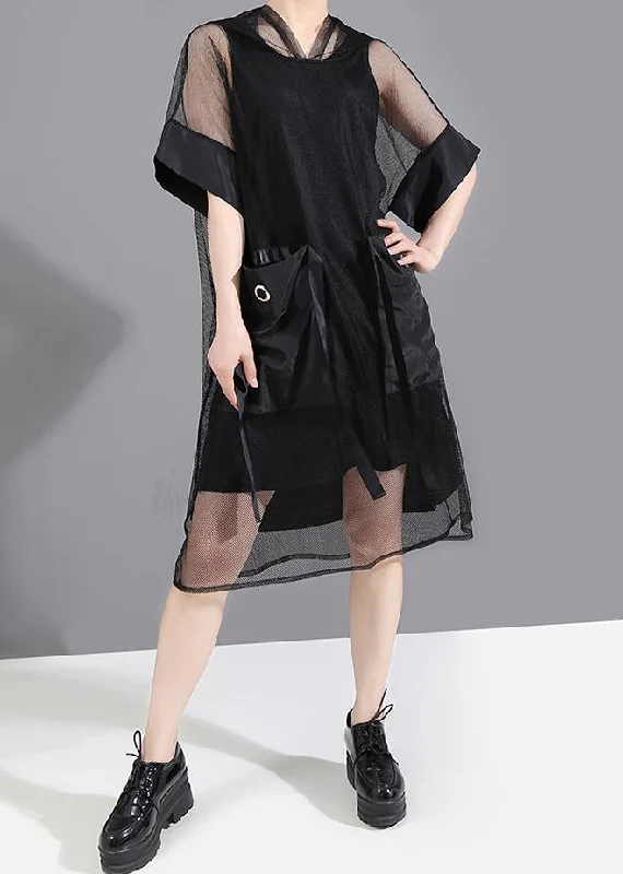 Summer Woman Black Mesh Hooded Dress