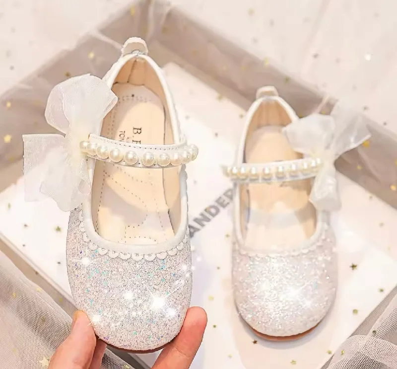 Little Bow Silver Pearl Princess Birthday Girl Mary Jane Shoe (pre order)