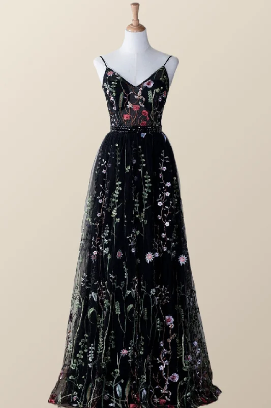 Black Floral V Neck Long Formal Dress