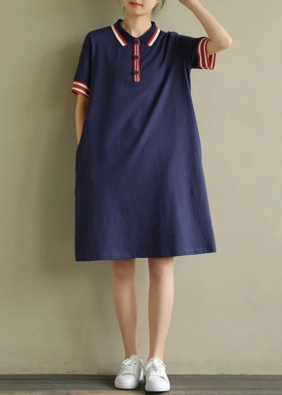 Elegant lapel short sleeve Cotton dresses Sewing navy Dresses summer