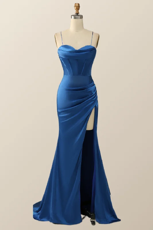 Royal Blue Mermaid Straps Long Dress with Slit