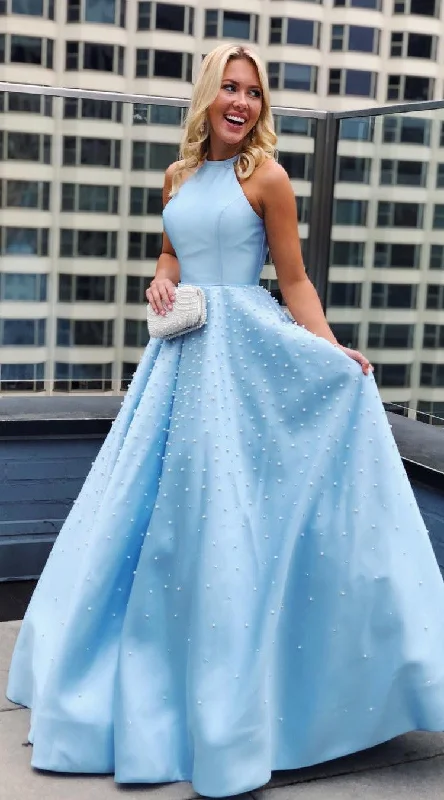 Fashion Halter Neck Light Blue Prom Dress