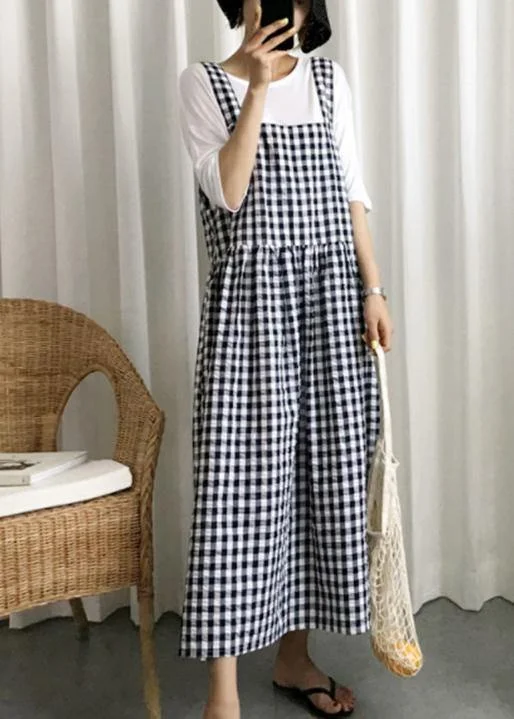 Modern plaid linen cotton quilting clothes Spaghetti Strap Cinched Kaftan Dress