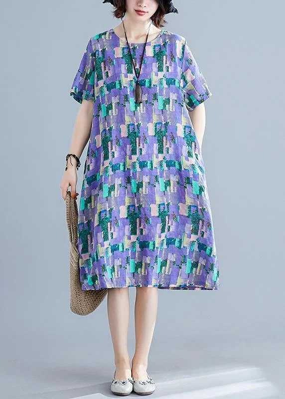 Classy o neck pockets Cotton clothes pattern purple print Dress summer