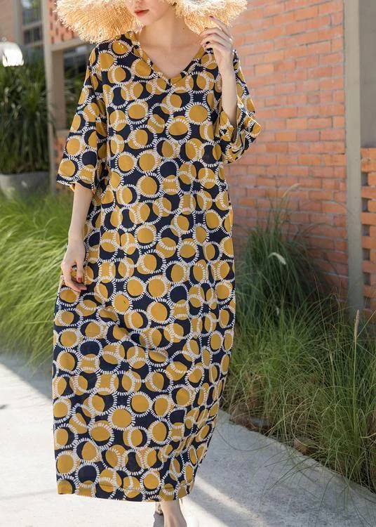 Italian Yellow Dotted Summer Cotton Dress Plus Size Caftans