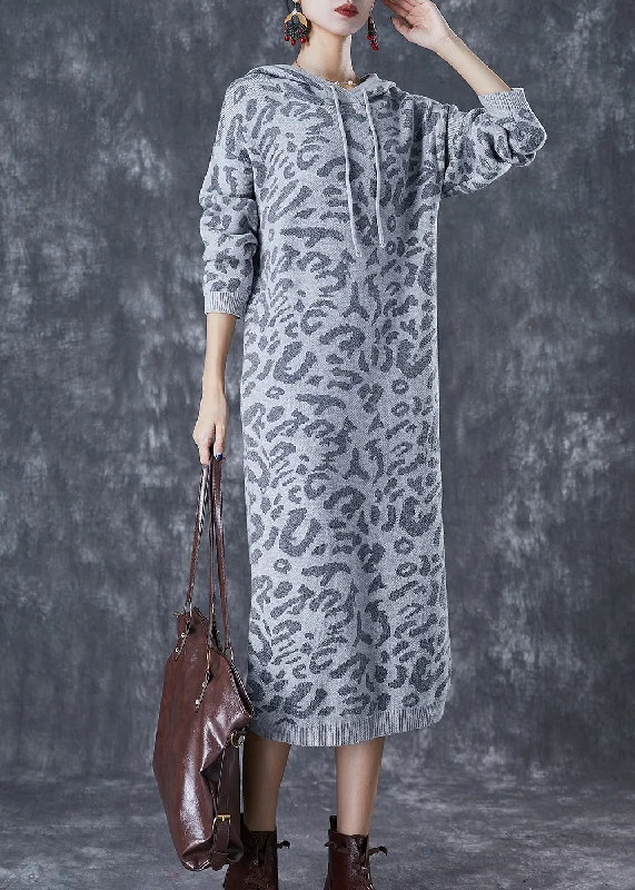 Modern Grey Hooded Leopard Print Knit Pullover Sweatshirt Dress Fall