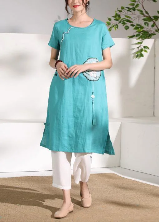 diy o neck tassel linen Robes Catwalk green embroidery Dresses