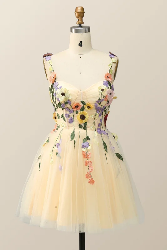 Floral Embroidered Champagne Tulle Short Homecoming Dress