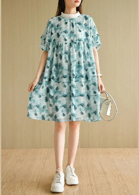 Fashion Green Peter Pan Collar Print Summer Cotton Dress Short Sleeve