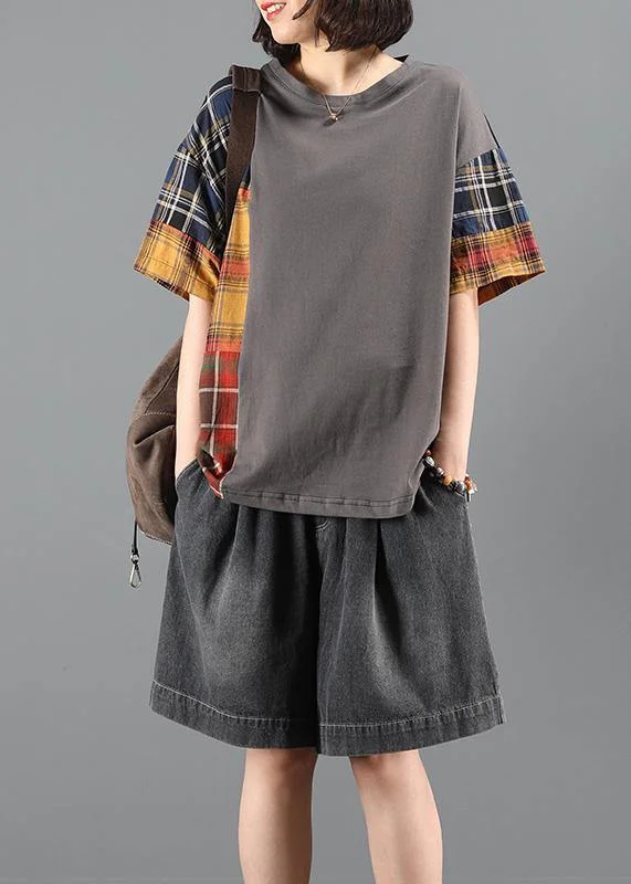 Denim shorts suit women summer loose gray plaid stitching two-piece suit