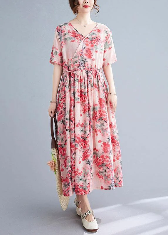 Vintage Pink Loose V Necktie Waist Summer Short Sleeve Dresses