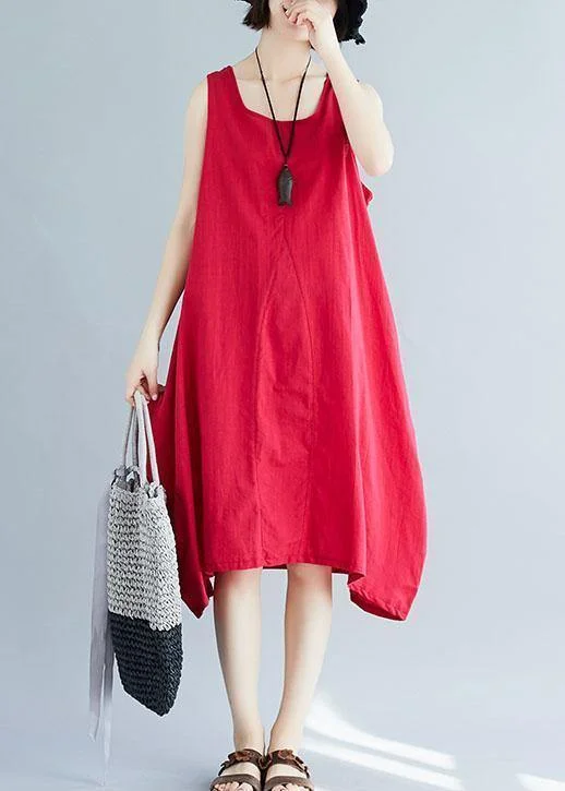 French red sleeveless linen clothes loose waist loose summer Dresses