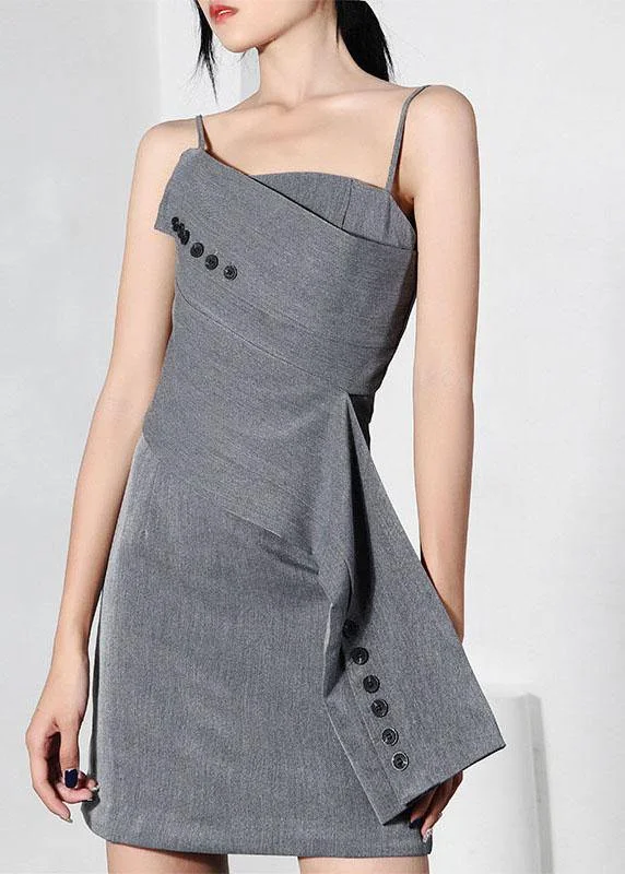 Trendy Grey asymmetrical design Button Spaghetti Strap Mini Dress