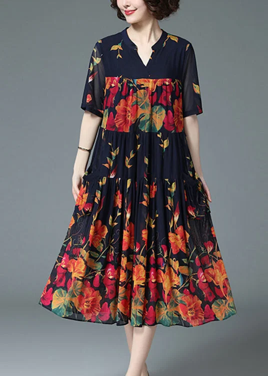 Loose Blue V Neck Wrinkled Floral Print Pockets Chiffon Long Dress Short Sleeve