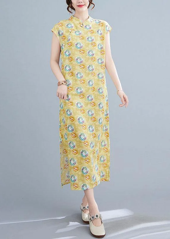 Fashion Yellow Print Cotton Dress Oriental Summer Vacation Dresses