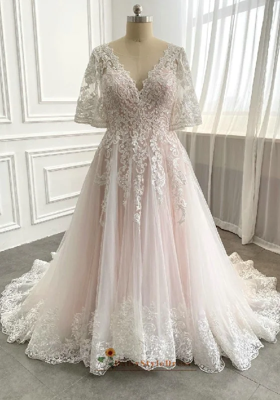 Half Sleeve Plus Size Blush Wedding Dress