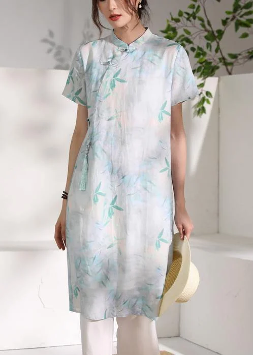 Handmade green print linen clothes stand collar tassel oversized summer Dresses