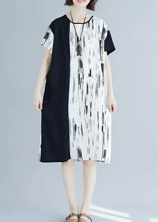 Chic white patchwork linen quilting clothes o neck Midi summer Dress