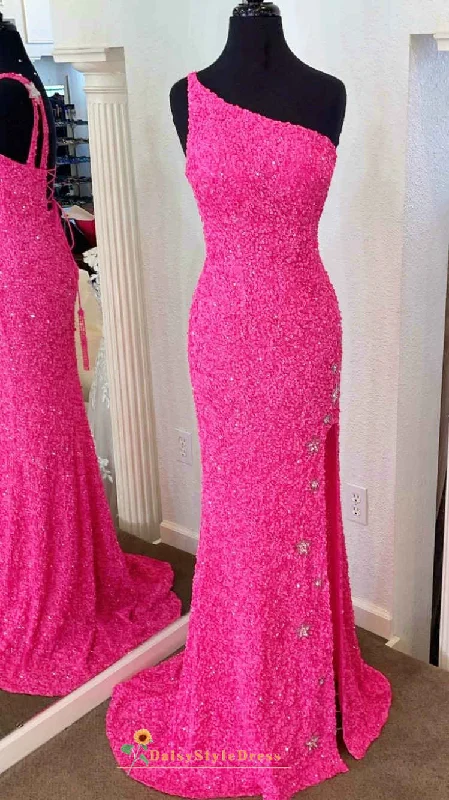 Sexy Slit Fit and Flare Hot Pink Sparkle Prom Dress