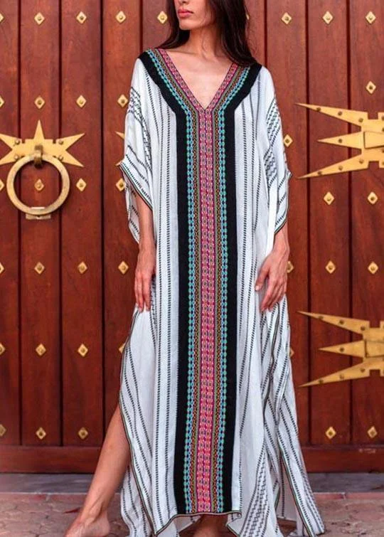 Loose White Striped Patchwork Beach Gown Holiday Cotton Dress