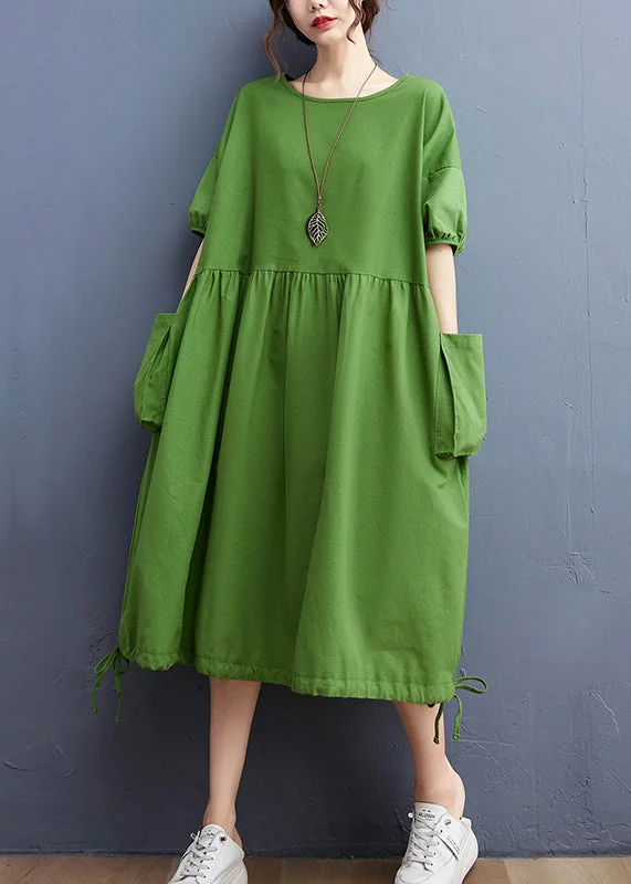 Women Green O-Neck Cinched drawstring pocket Vacation Dresses Short Sleeve