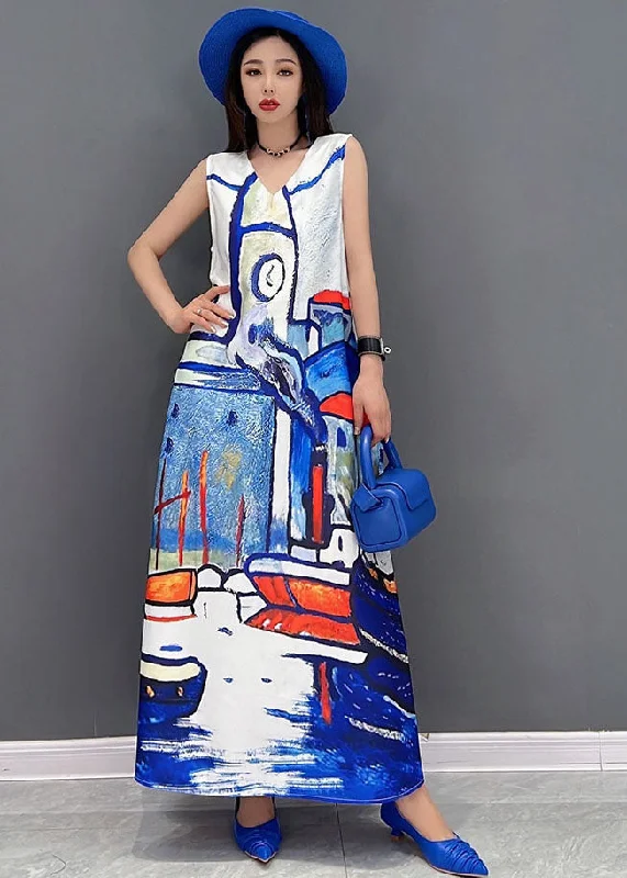 Beautiful White V Neck Graphic Print Chiffon A Line Long Dress Sleeveless