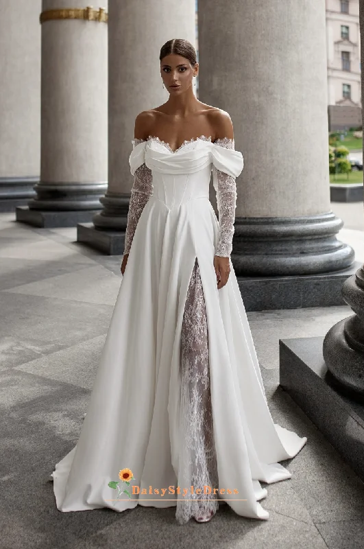 Slit Off Shoulder Long Sleeve Wedding Dress