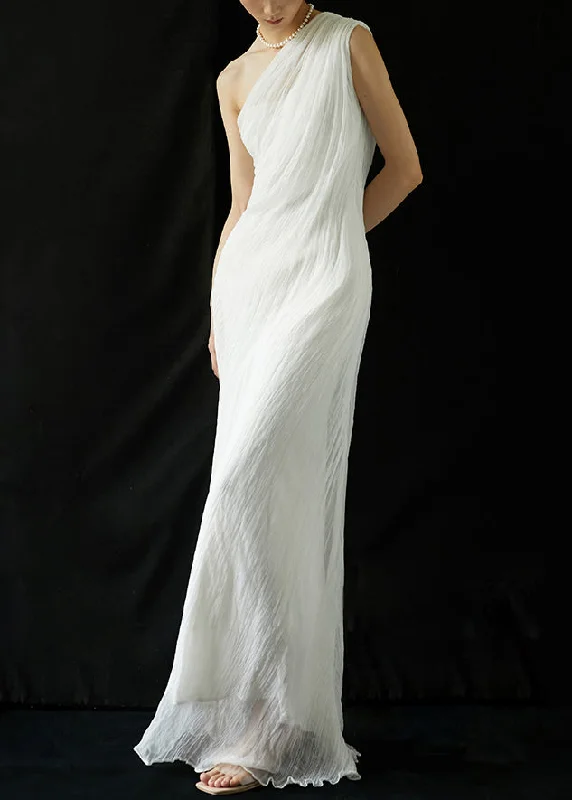 Elegant White One-Shoulder Wrinkled Silk Long Dresses Summer