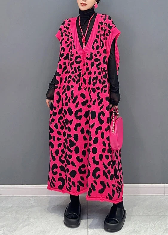 Plus Size Rose Leopard V Neck Cotton Knit Waistcoat Long Dresses Sleeveless