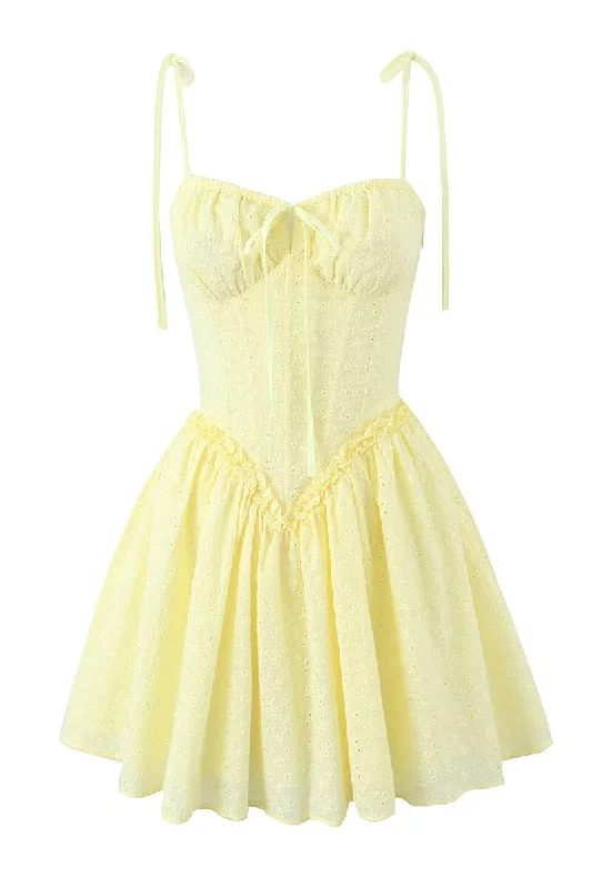 Straps Yellow Tie Front Embroidery Short Dress