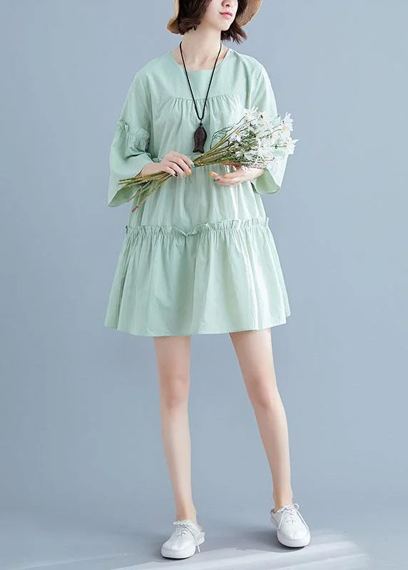 Light Green O-Neck Ruffles Summer Cotton Vacation Dresses