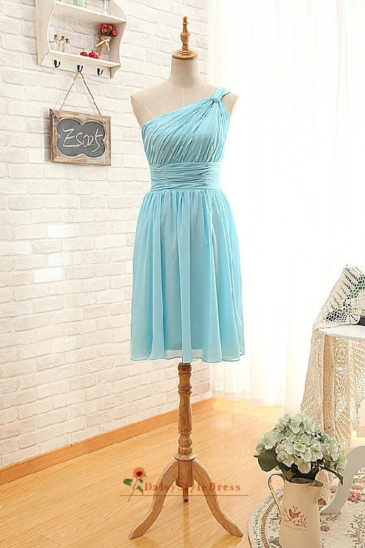 Knee Length Sky Blue One Shoulder Bridesmaid Dress