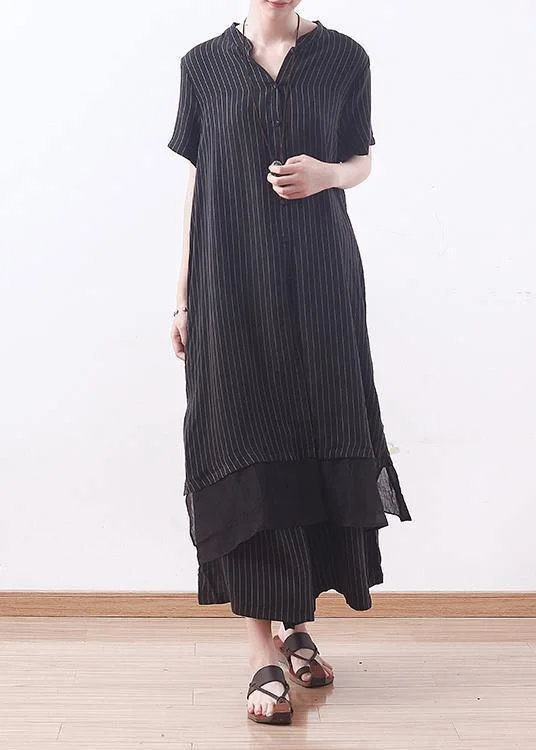 2024 copper ammonia silk stitching chiffon black striped shirt wide leg pants casual suit